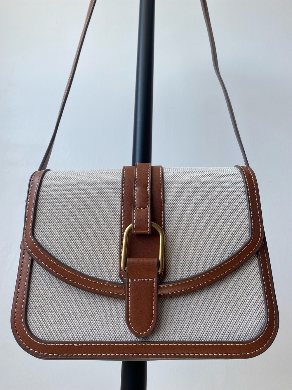 Mango Beige Canvas Crossbody with Brown Trim